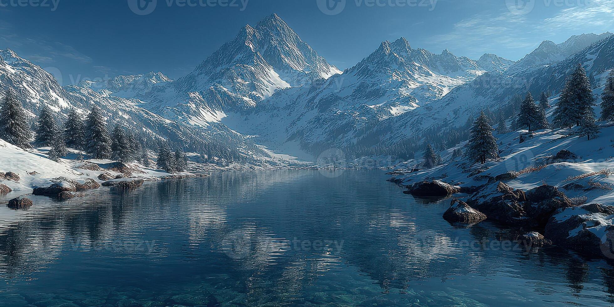 Majestic snow-capped mountains reflect in a serene lake surrounded by evergreen trees during a clear day photo