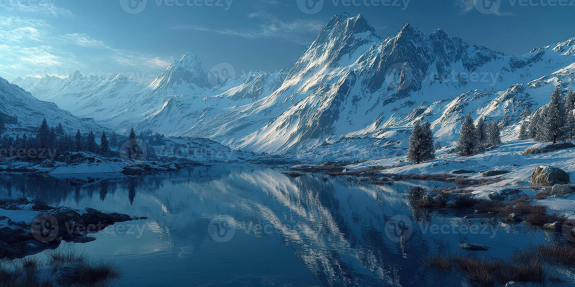 Snow-covered mountains reflect in a tranquil lake under a clear blue sky at dawn in a remote wilderness photo
