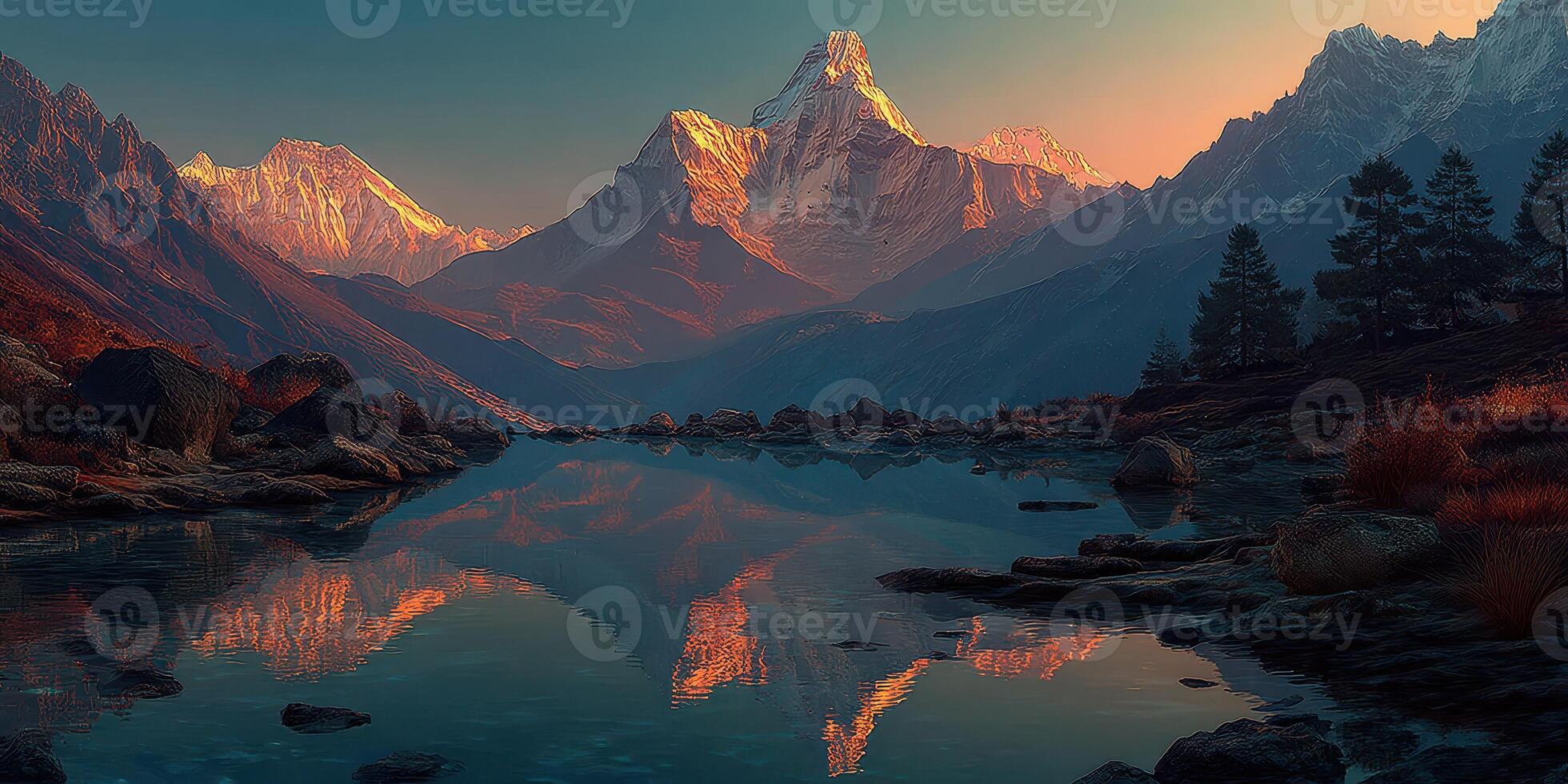 Majestic mountains reflect in tranquil lake during sunset in remote location photo