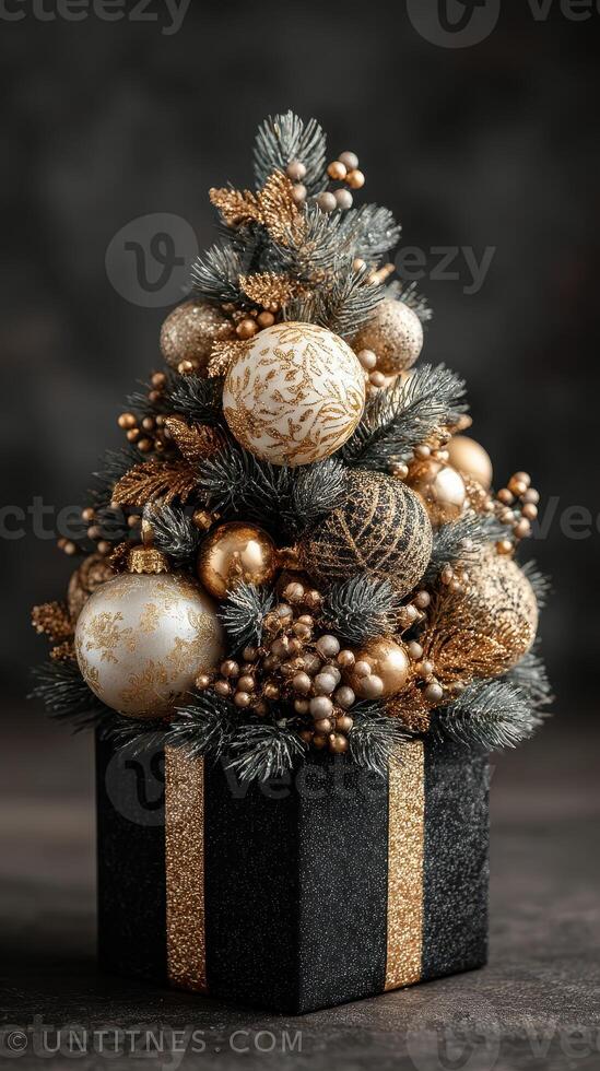 Decorative Christmas tree arrangement in a gift box with golden ornaments and silver accents on a dark background photo