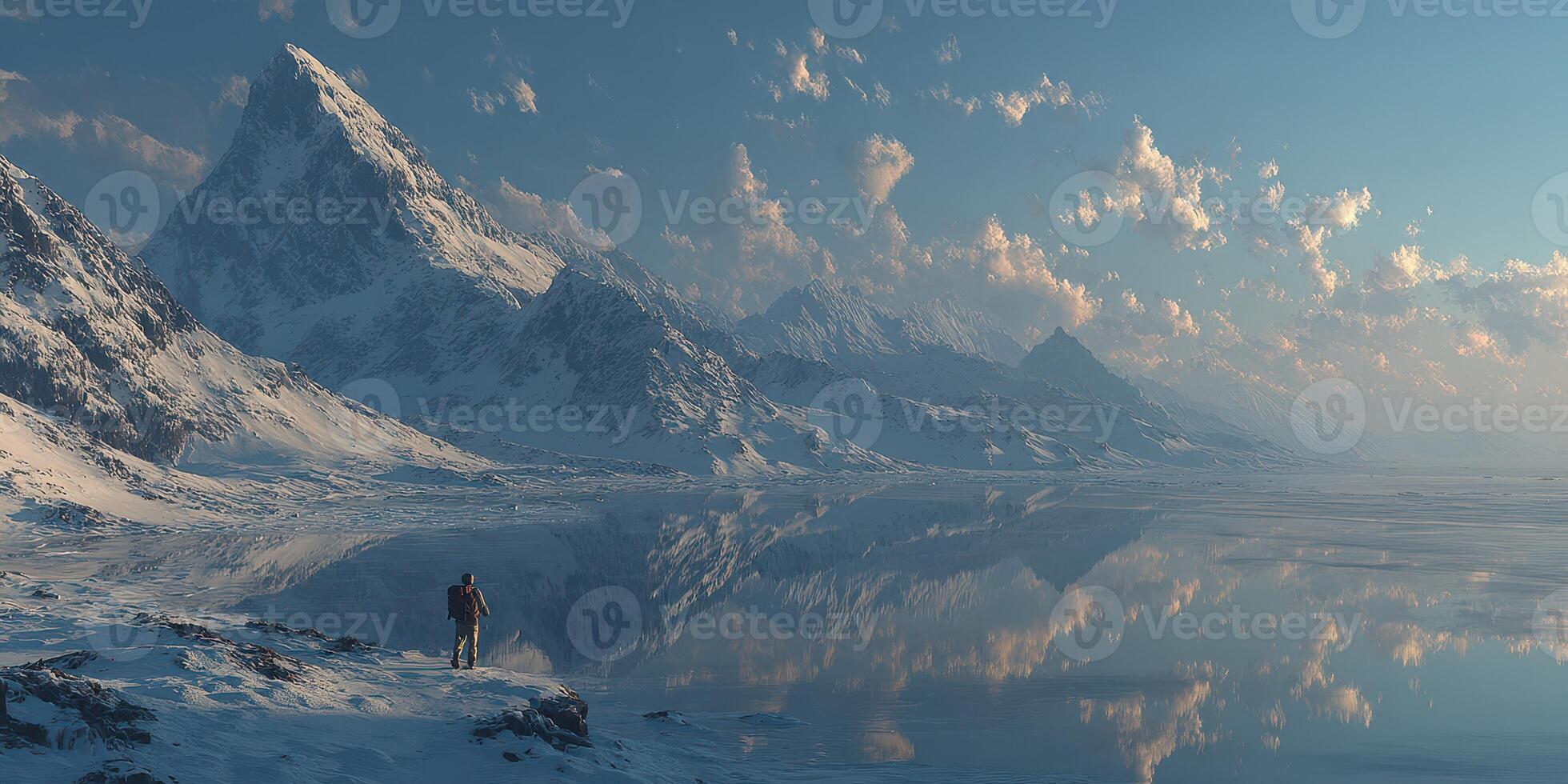 Exploring tranquil snowy mountains at dawn with reflections on a calm lake photo