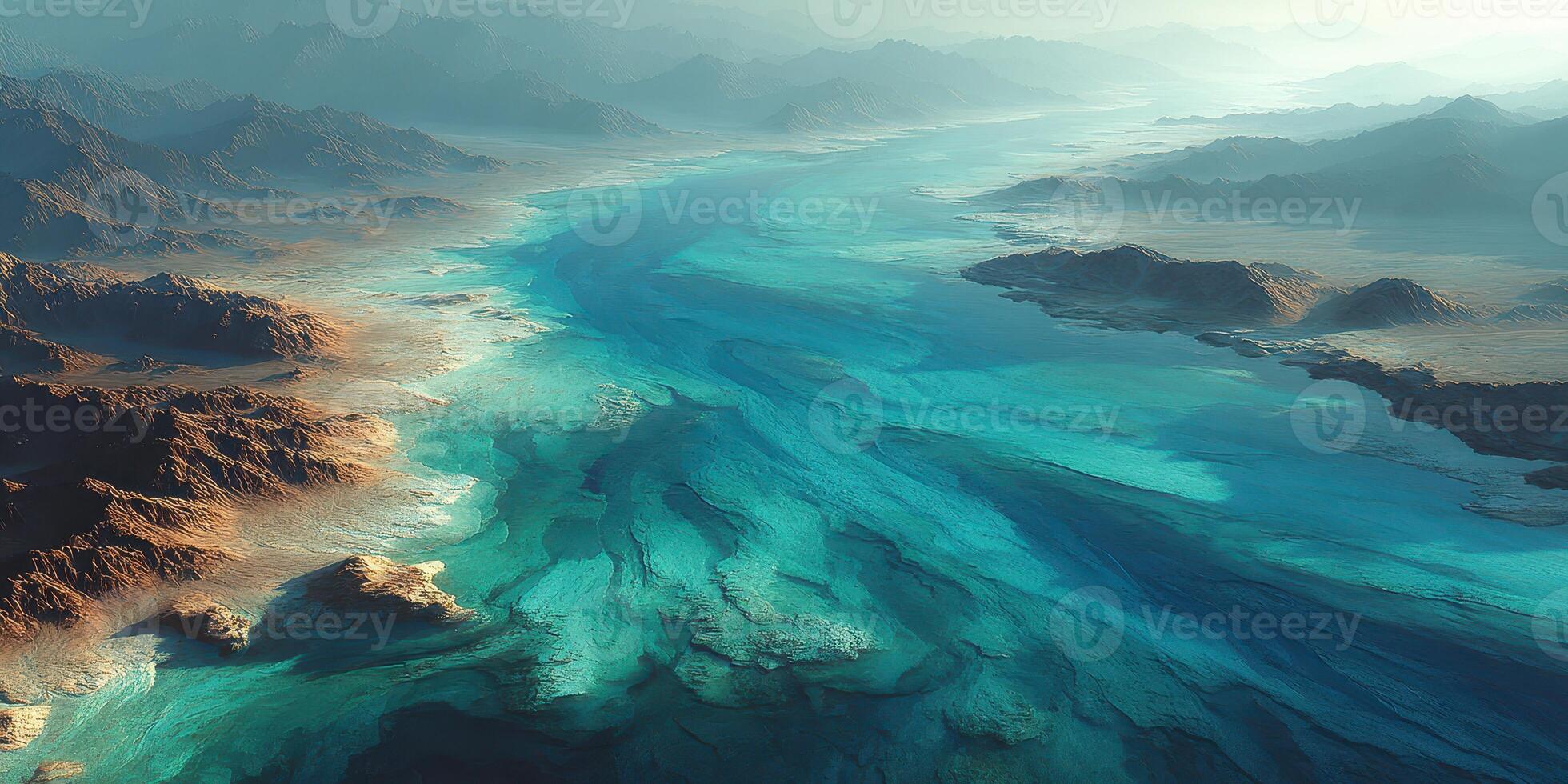 Majestic aerial view of a winding river surrounded by mountains under soft sunlight photo