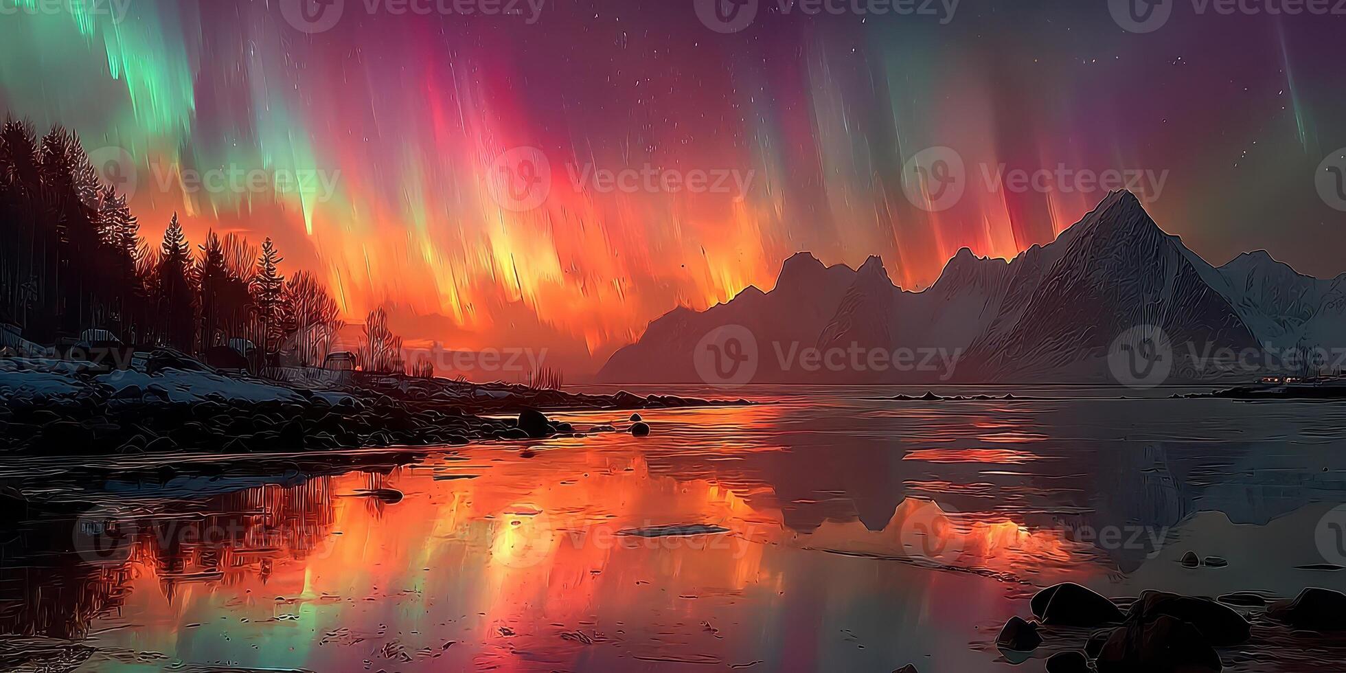 Vibrant northern lights illuminate mountains and reflections on a tranquil lake at dusk in a remote destination photo