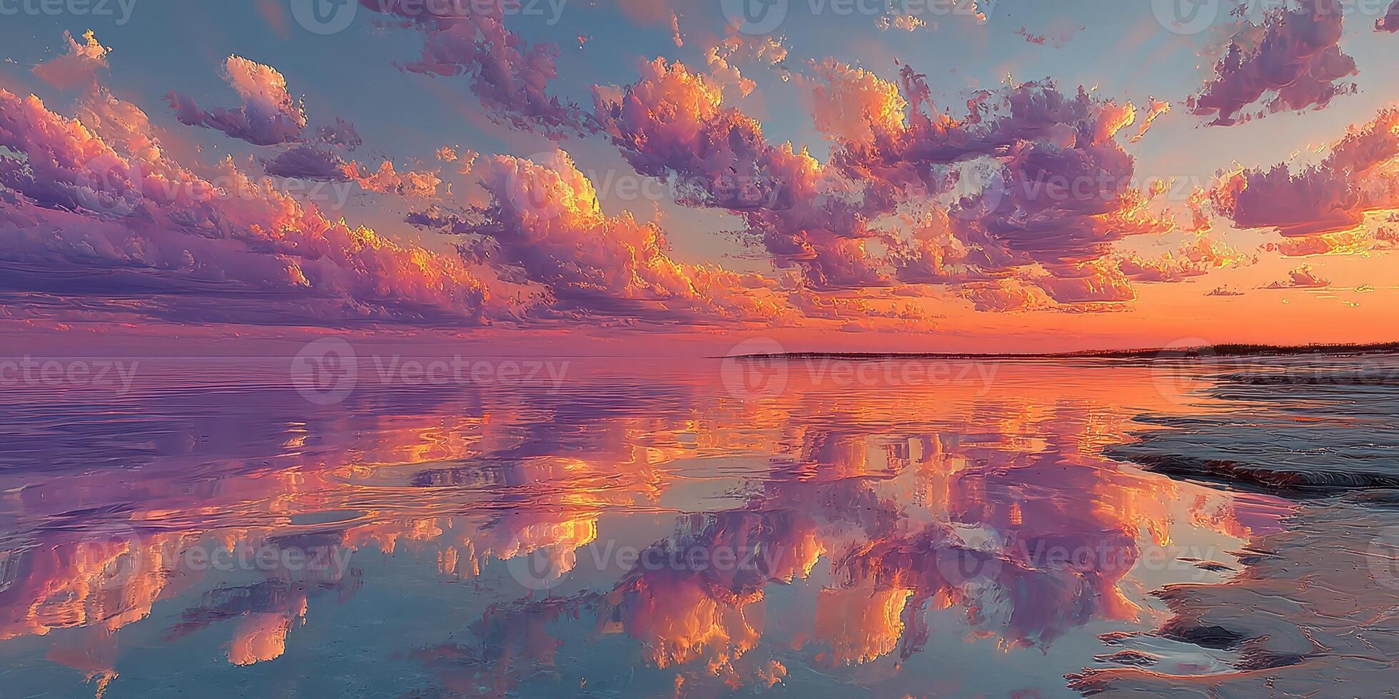 Majestic sunset reflections over tranquil water with vibrant clouds outlined in pastel hues photo