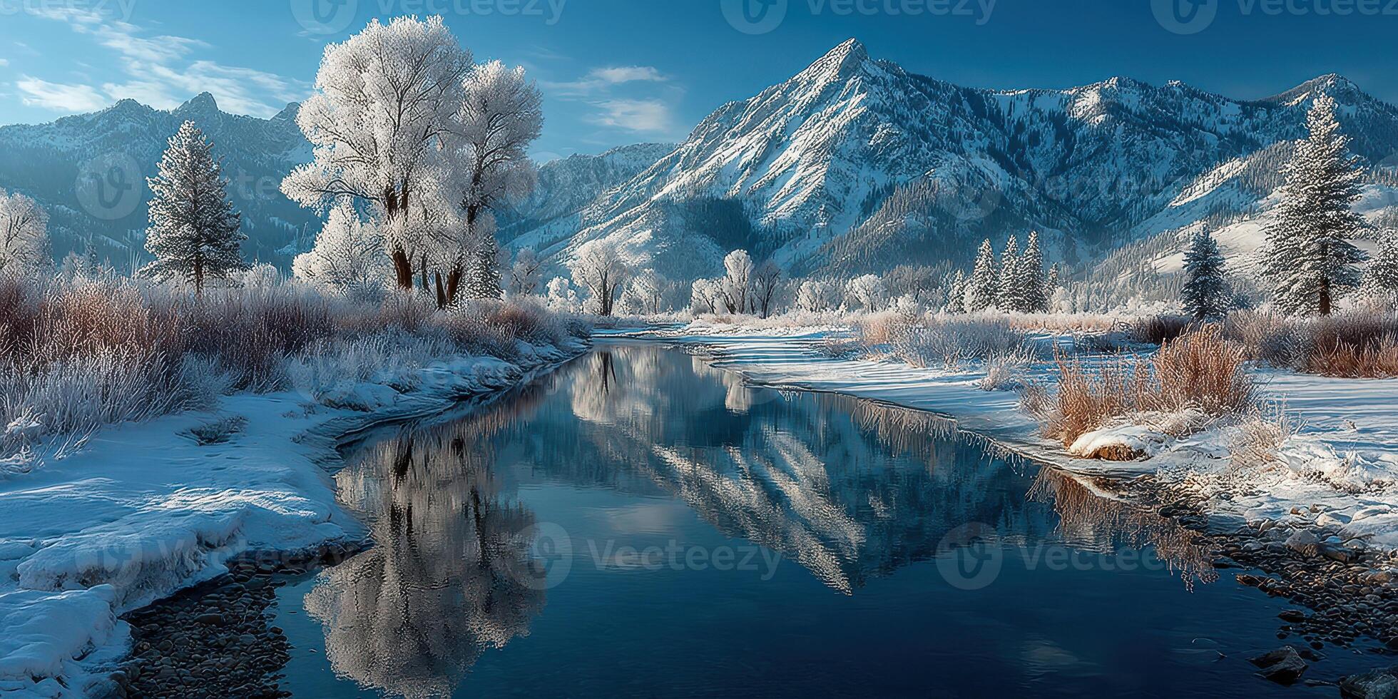 Lush winter landscape featuring frosted trees and a serene river reflecting majestic mountains during daylight hours photo