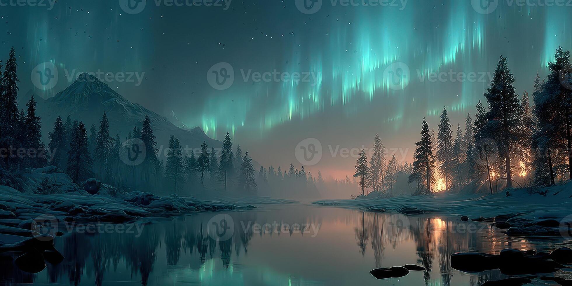 Northern lights illuminate a serene winter landscape over a reflective lake at twilight in a remote wilderness area photo