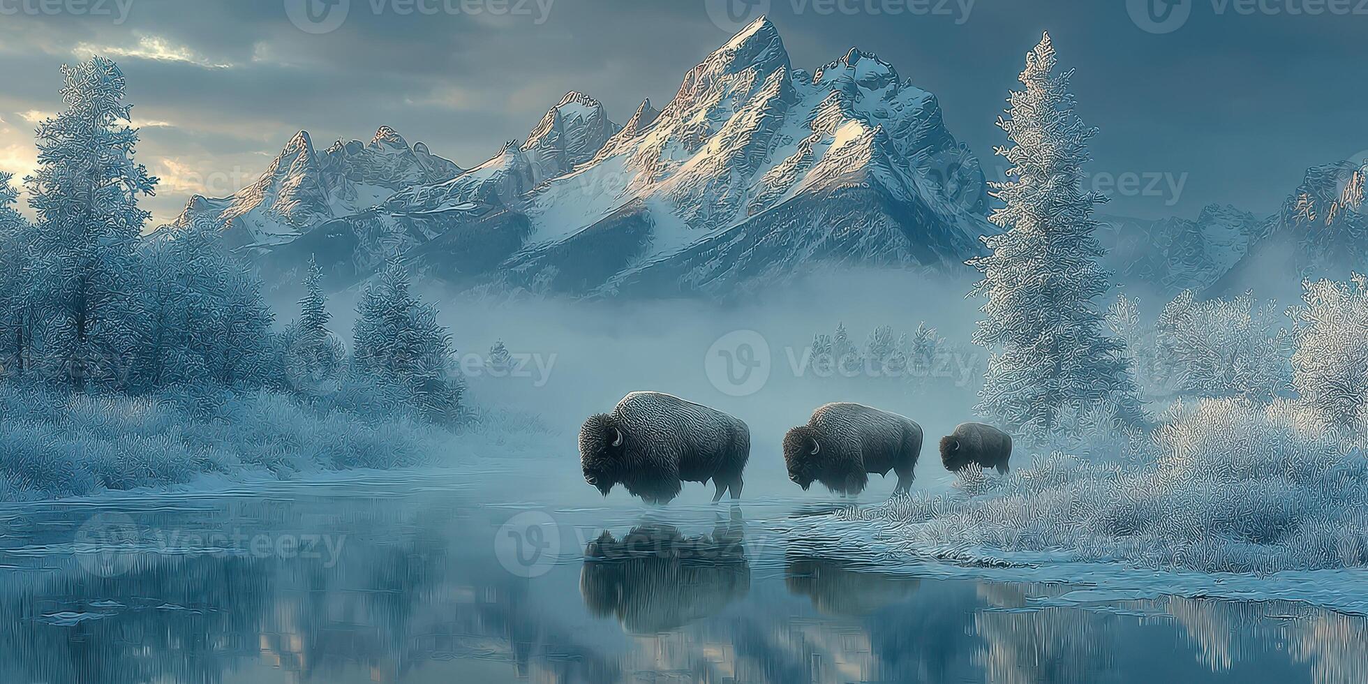 Bison walking through a serene winter landscape near a river with mountains in the background at dawn photo