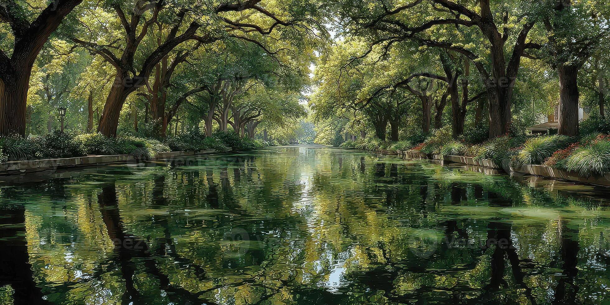 Serene riverbank surrounded by lush greenery under soft sunlight in a tranquil park during late spring photo