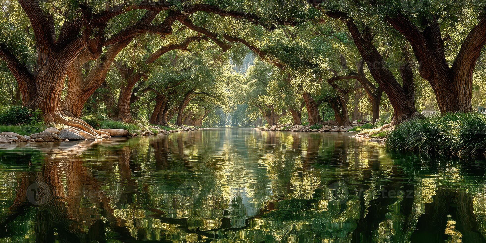 Serene riverbank lined with lush trees reflecting in calm water on a sunny afternoon photo