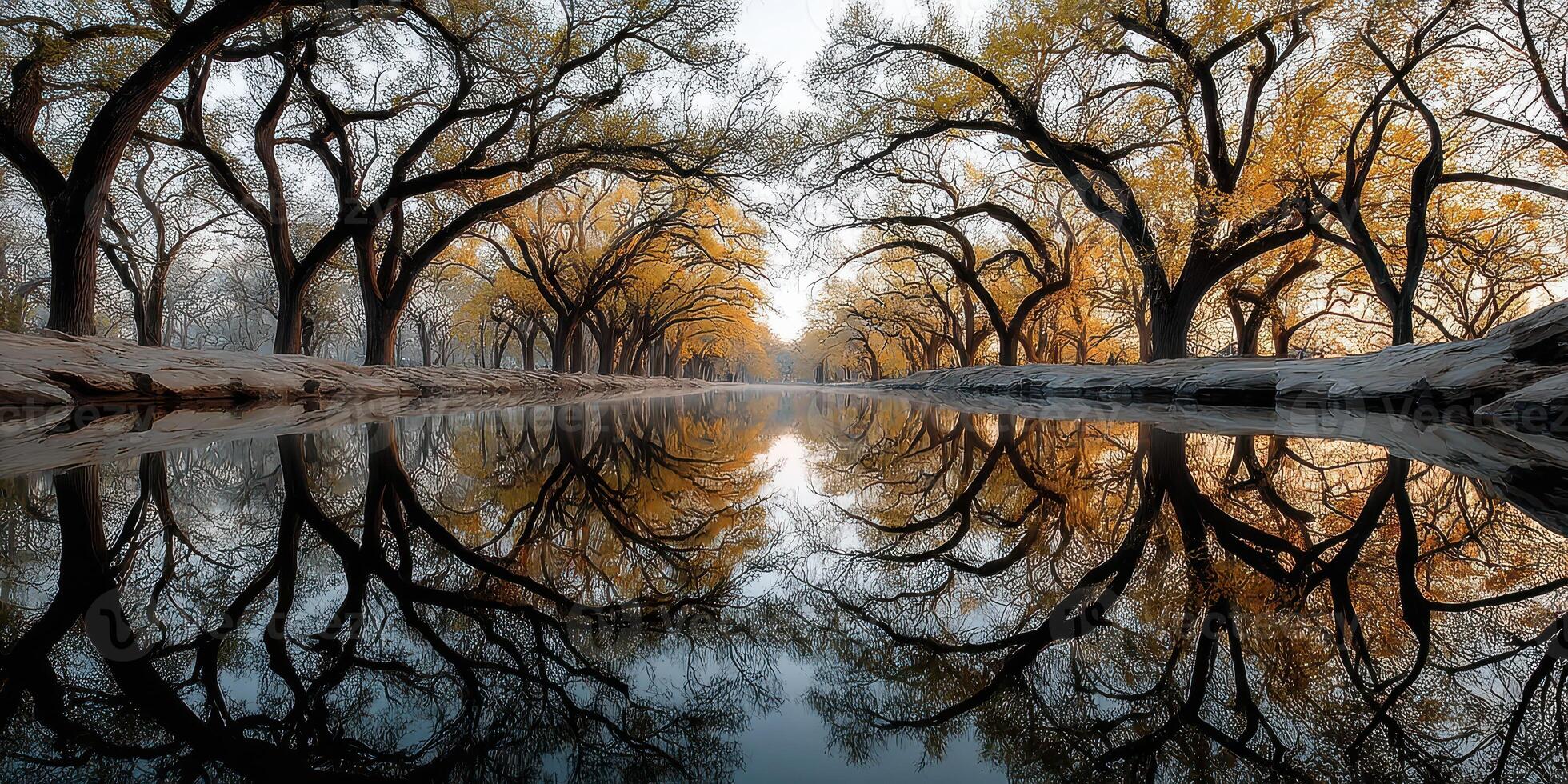 Serene reflection of autumn trees over calm water in a tranquil setting at dawn photo