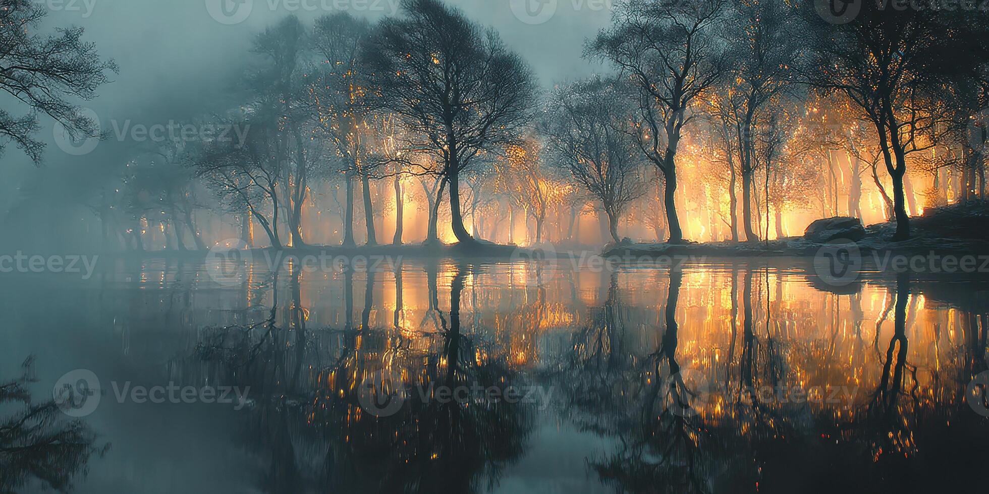 Mysterious landscape at twilight featuring glowing trees and calm water reflection in serene nature setting photo
