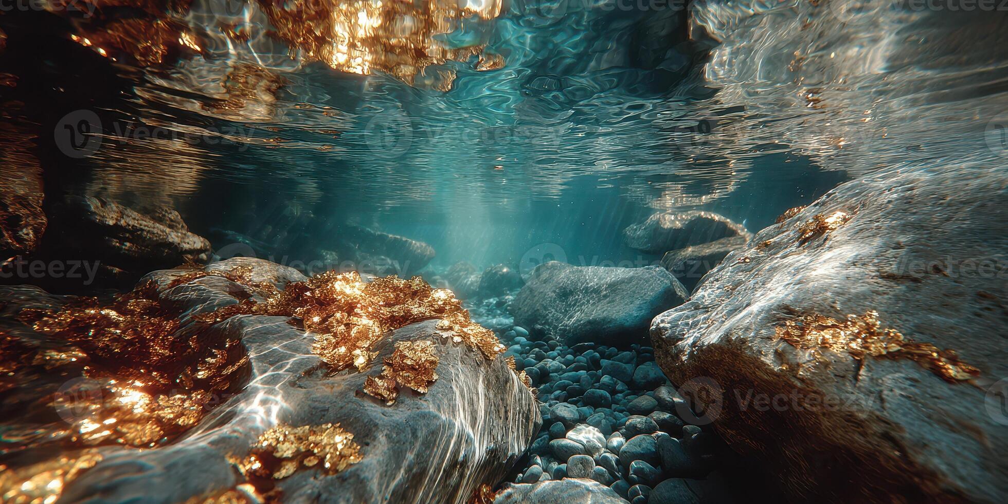 Underwater exploration reveals shimmering gold among rocks and pebbles in a serene aquatic environment photo