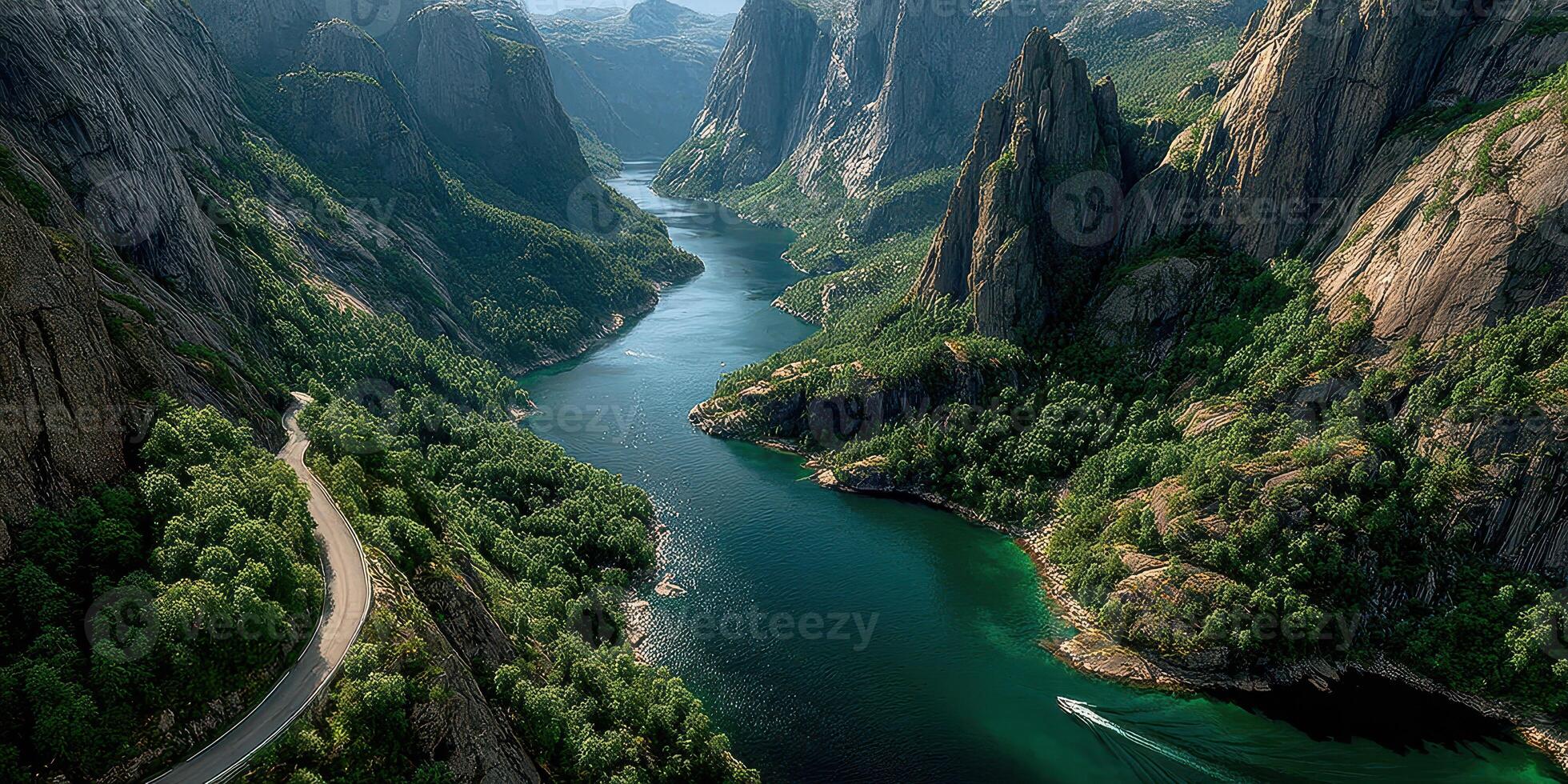 Majestic mountain landscape with winding river and lush greenery in Norway during bright daylight photo