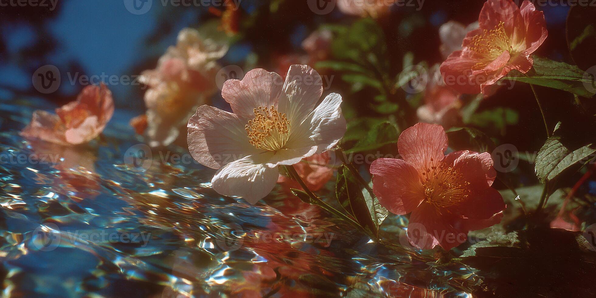 Colorful flowers bloom near a shimmering body of water in a serene garden setting during a sunny day in springtime photo