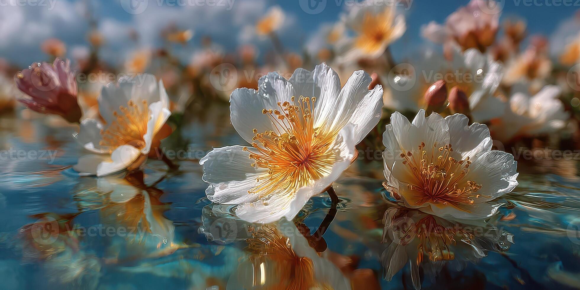 Beautiful blossoms reflect in tranquil water under clear blue sky during springtime daylight photo