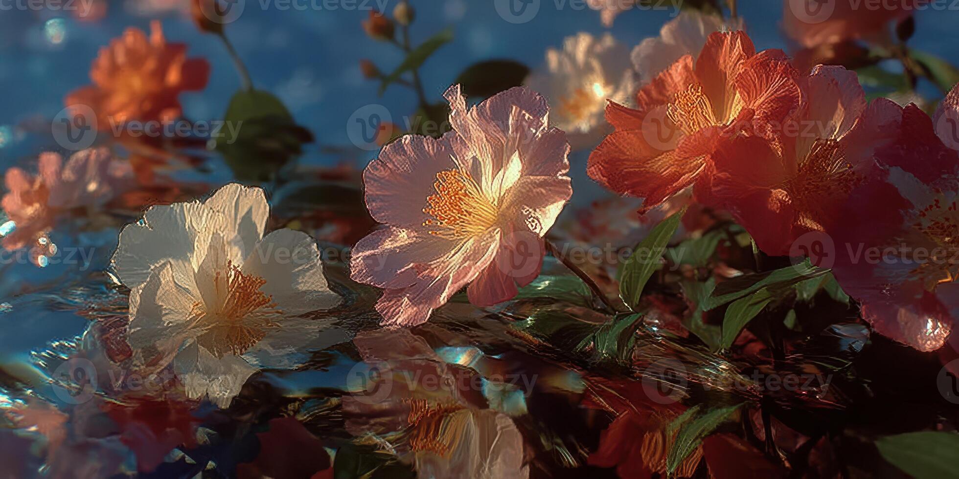Flowers bloom under soft sunlight near a tranquil body of water during a peaceful afternoon in spring photo