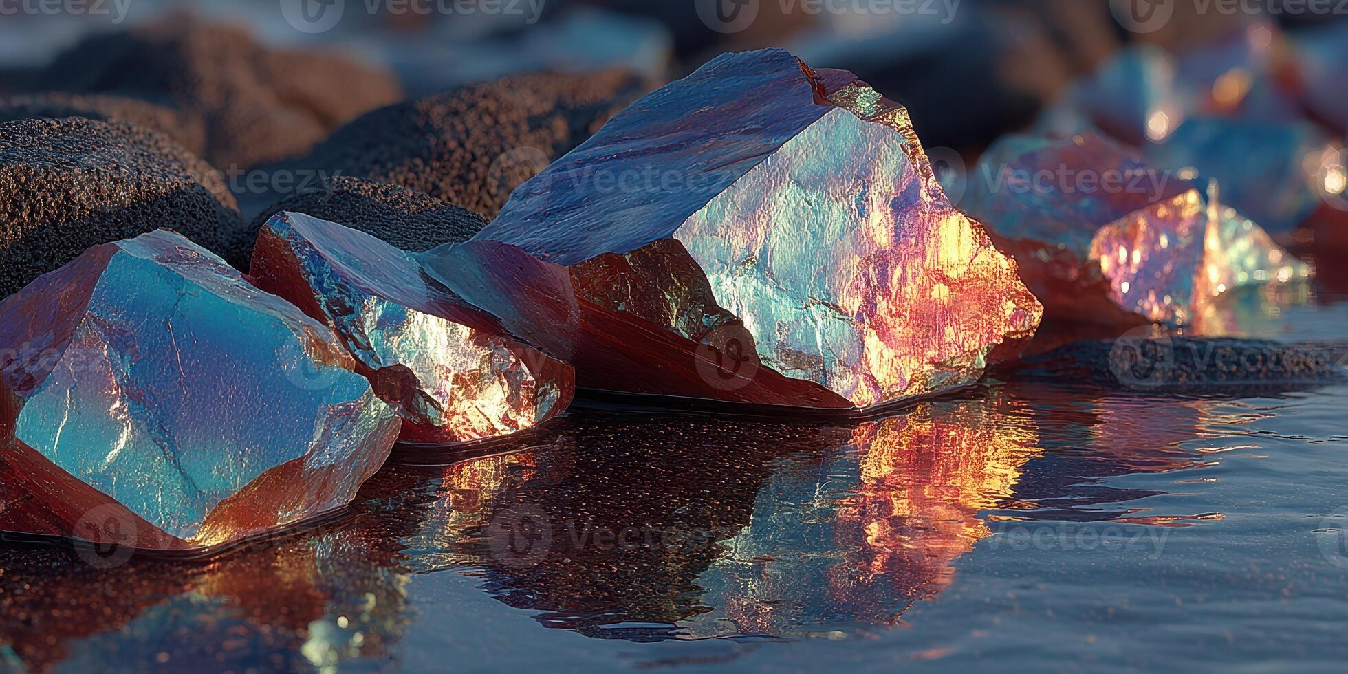 Colorful rocks reflect sunlight on a rocky shoreline during sunset near a calm ocean photo