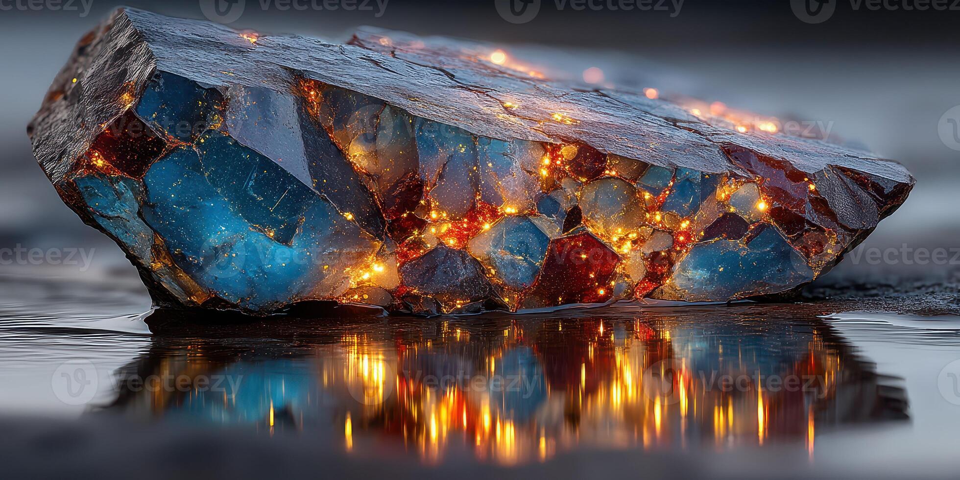 Brightly illuminated gemstone reflecting on water in a serene natural setting during twilight hours photo