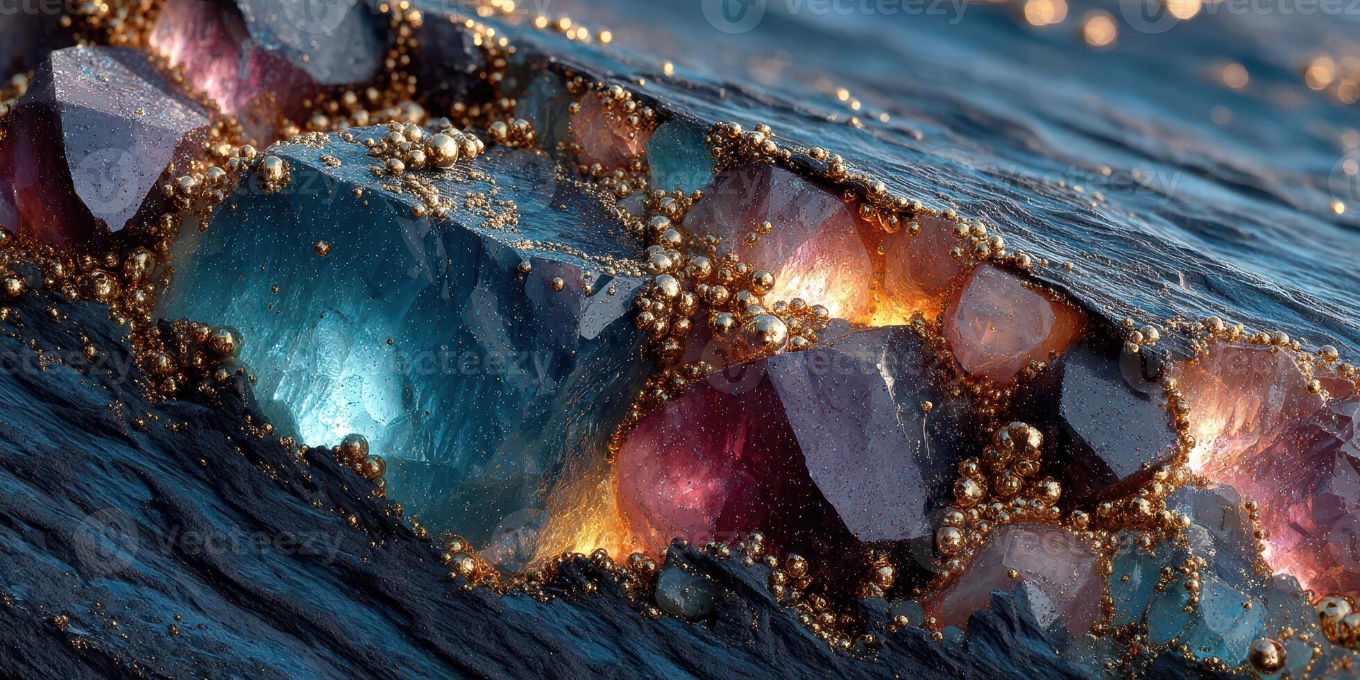 Stunning close-up of multicolored gemstones embedded in textured natural material in vibrant hues photo