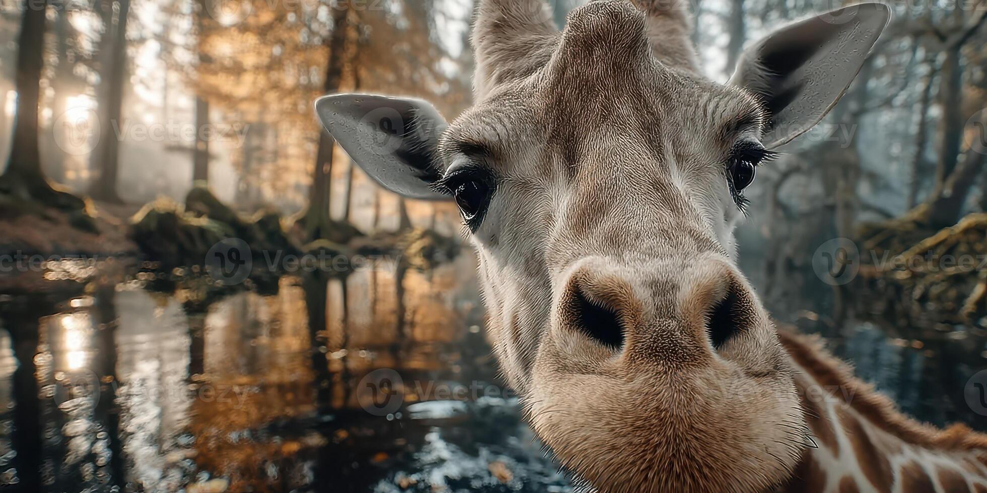 Giraffe approaches tranquil water in a forest at dawn with autumn colors reflecting in the stillness photo
