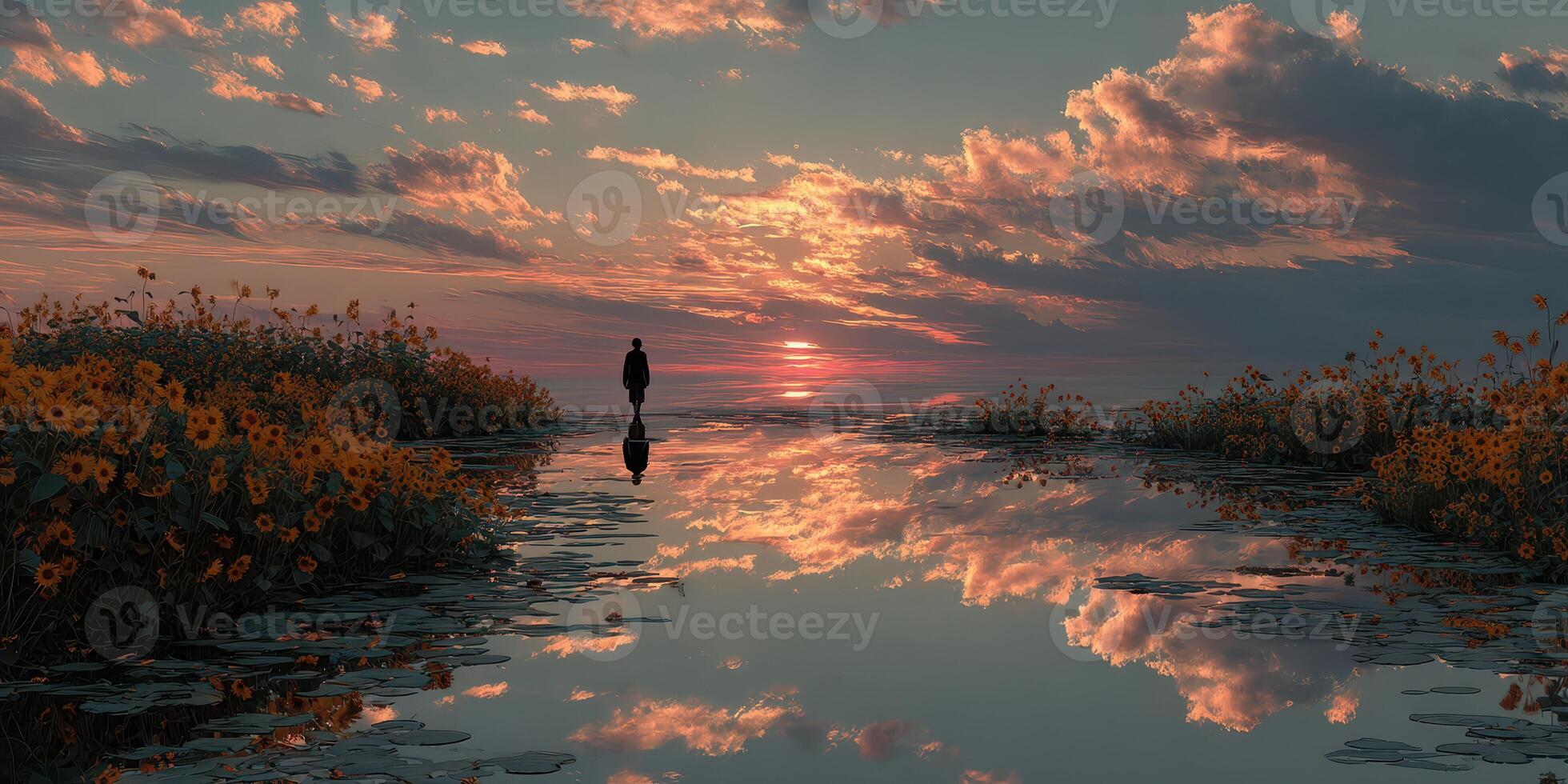 Sunset walk by the serene lake surrounded by vibrant sunflowers and colorful clouds reflecting in the water photo