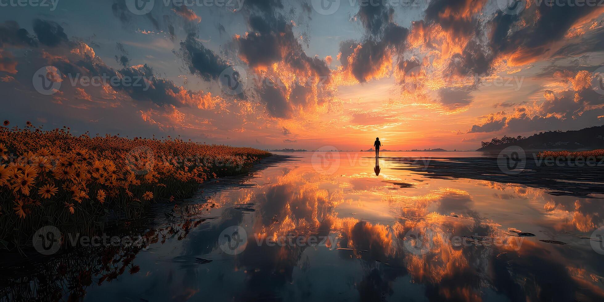 Sunset reflection over water with silhouetted figure near golden wildflowers in tranquil landscape photo