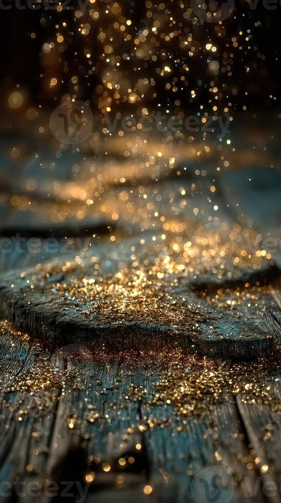 Sparkling golden particles scattered on a textured wooden surface in a softly lit environment photo