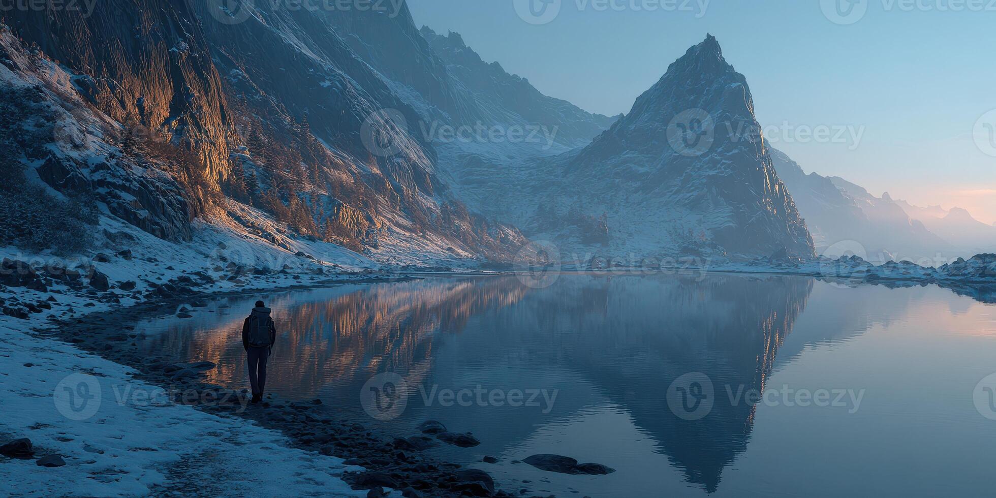 Majestic mountain landscape at dawn with a solitary figure walking by a serene lake photo