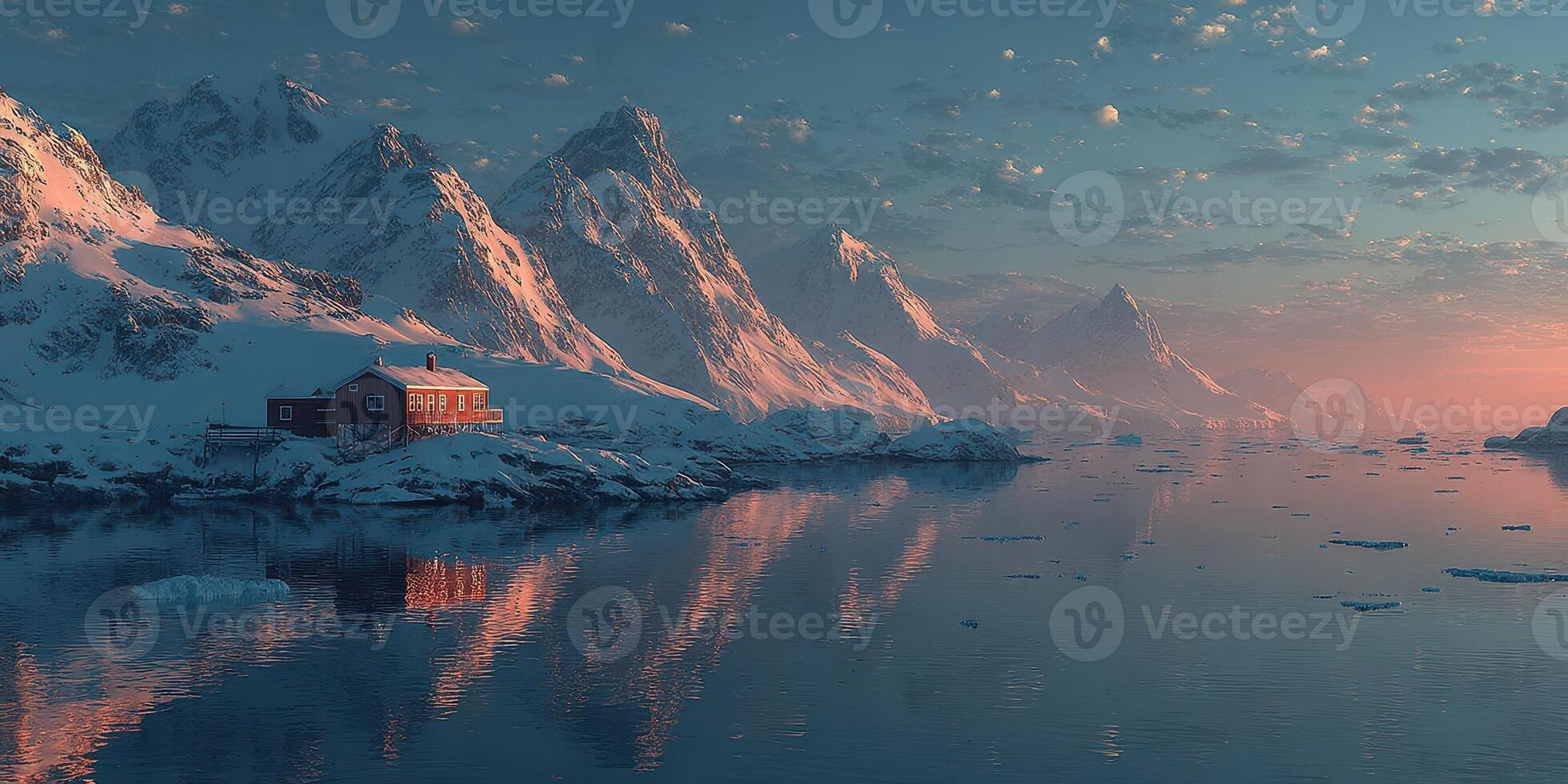 Snow-covered mountains reflect in calm waters at dawn near a cozy cabin in a remote Arctic landscape photo