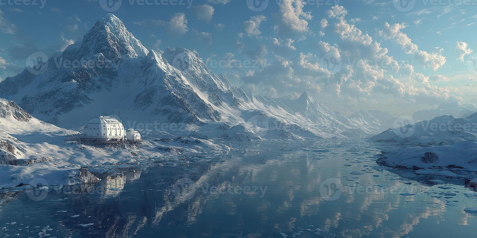Breathtaking winter landscape with snow-covered mountains and a serene lake under a vibrant sky photo