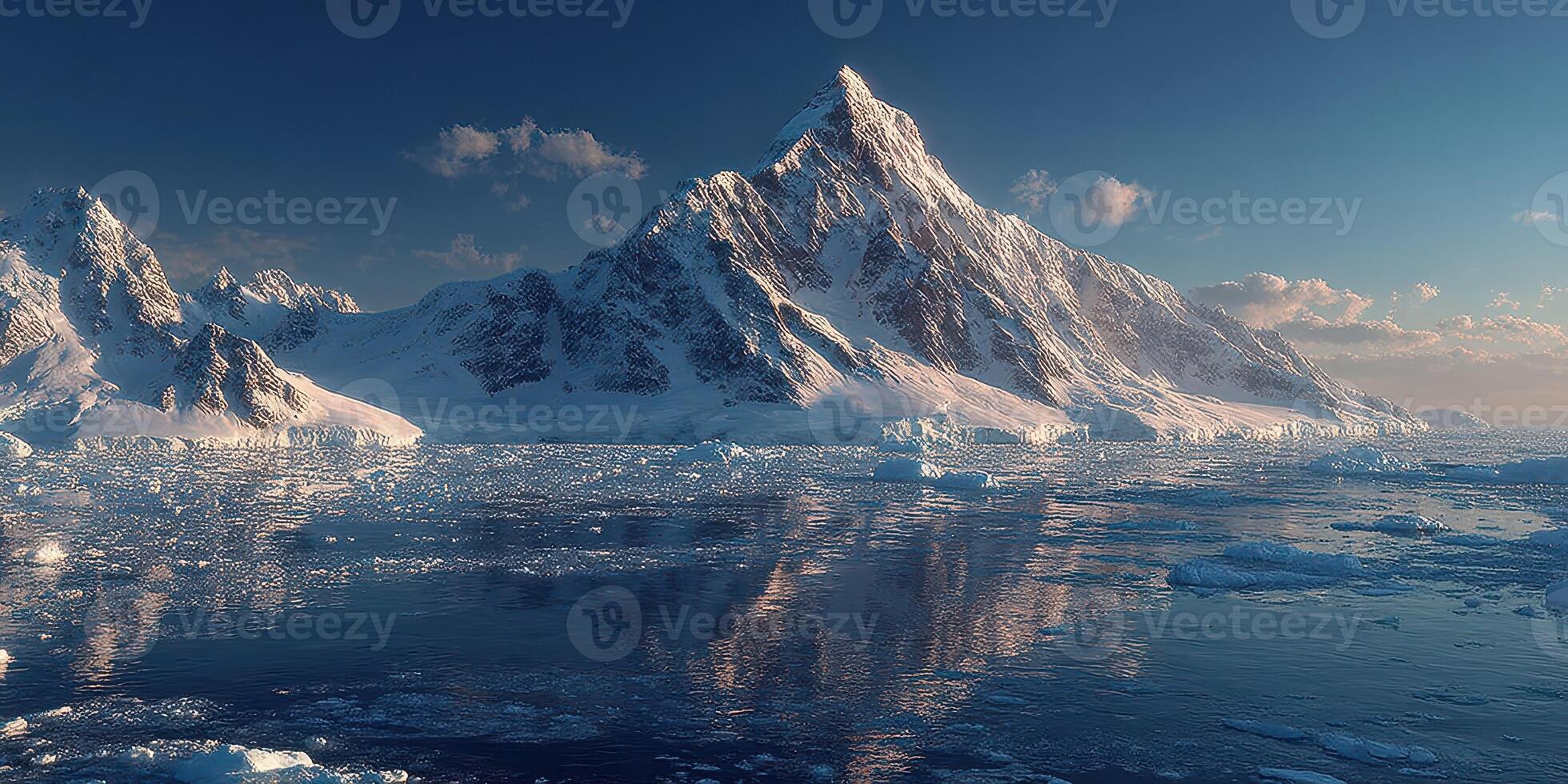 Majestic snow-capped mountain surrounded by icy waters and floating icebergs at dusk photo