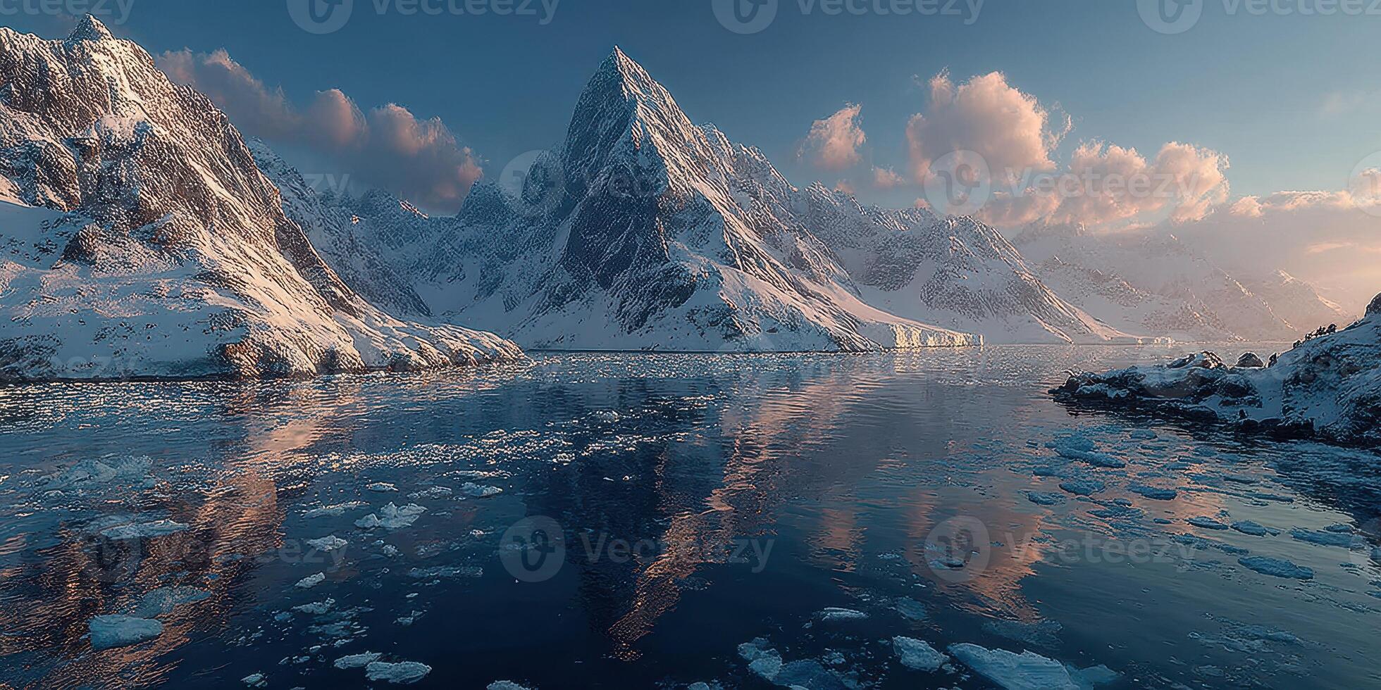 Serene mountain landscape reflecting in the calm waters during sunset in a snowy region photo