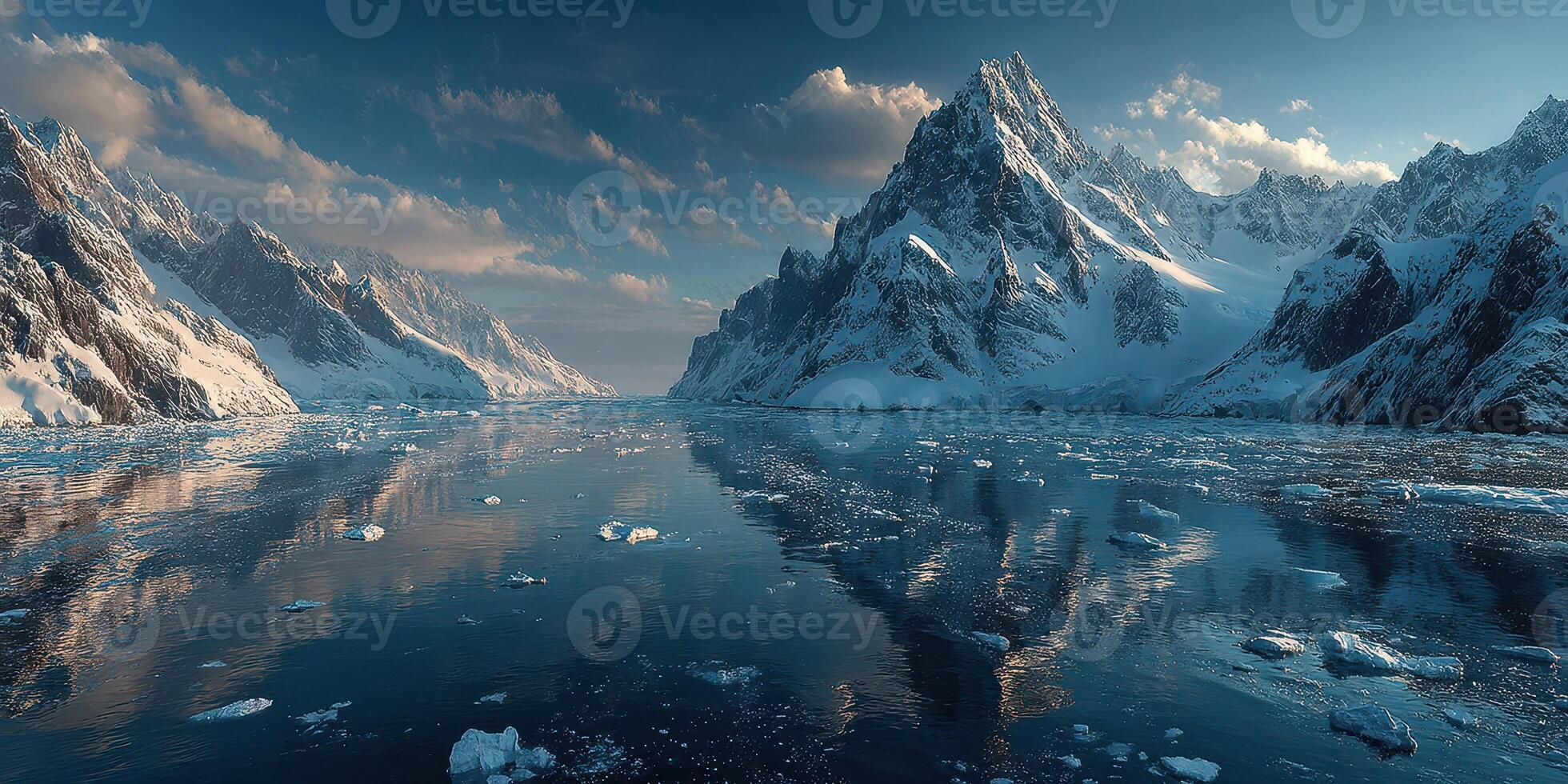 Snow-covered mountains reflect in a serene glacial lake surrounded by ice in a breathtaking landscape at sunrise photo
