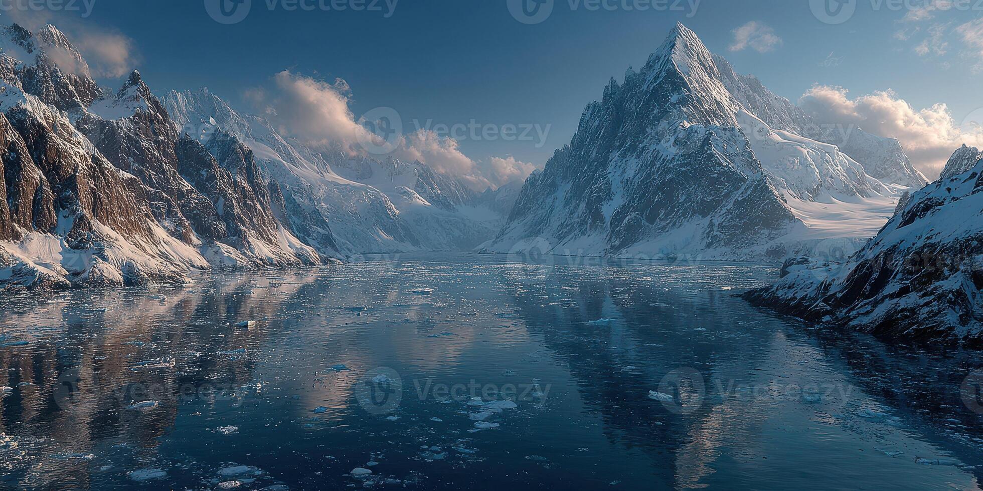 Majestic mountain landscape reflecting on icy waters at dawn in a remote Arctic location photo