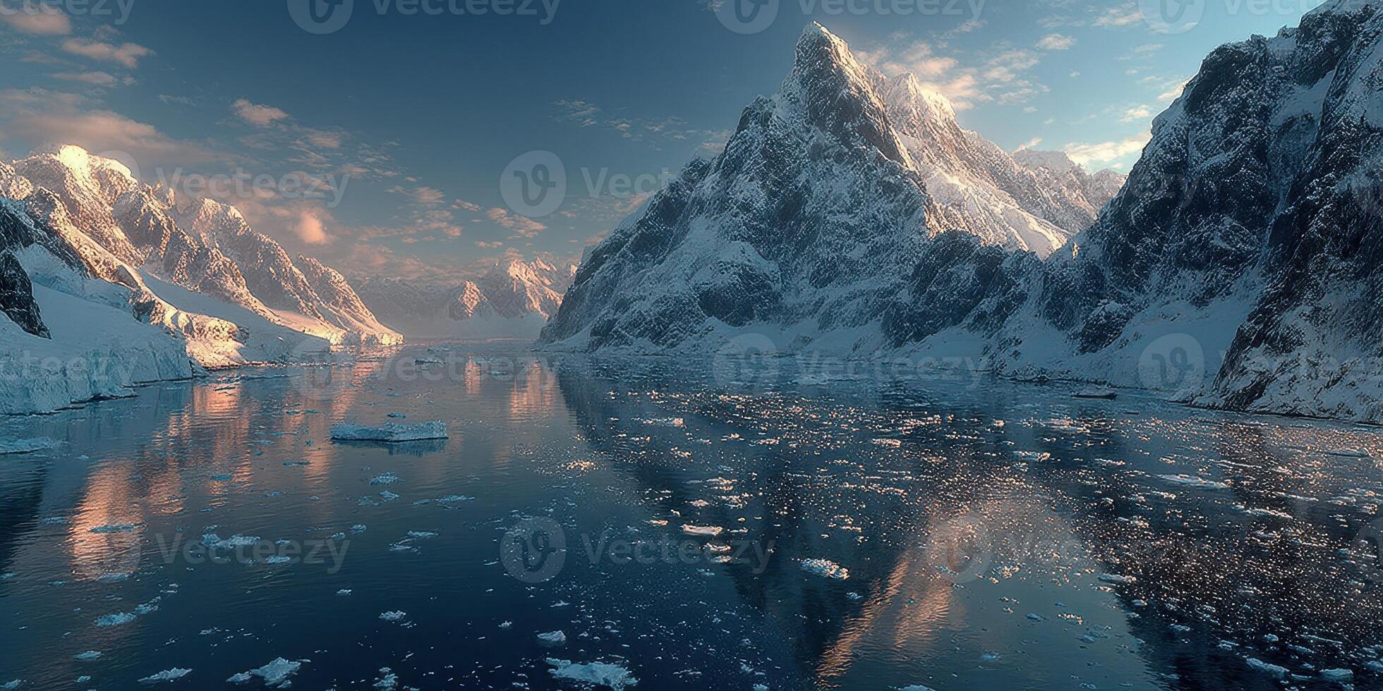 Majestic snow-covered mountains reflect on calm waters at sunset in a remote icy landscape photo