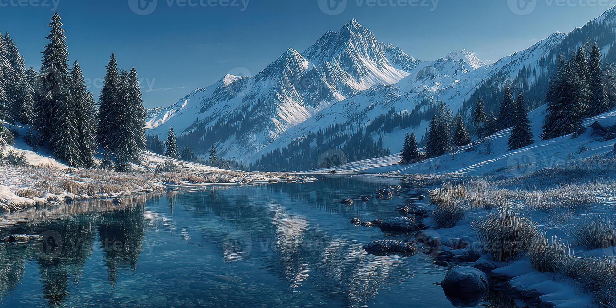 Snow-covered mountains reflect in a tranquil river surrounded by pine trees in a serene winter landscape photo