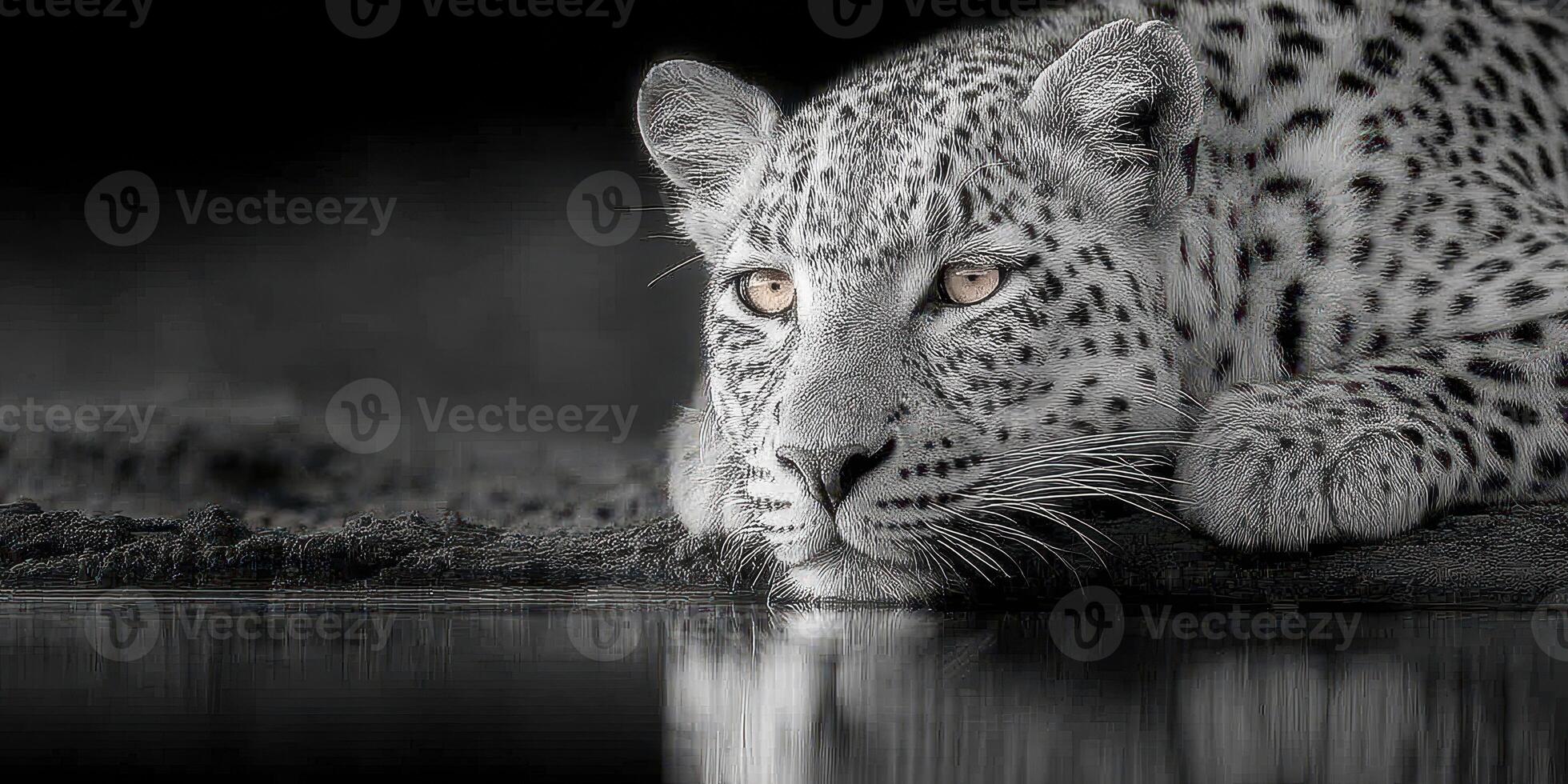 Leopard resting by the water at dusk with a reflective surface in a tranquil natural setting photo
