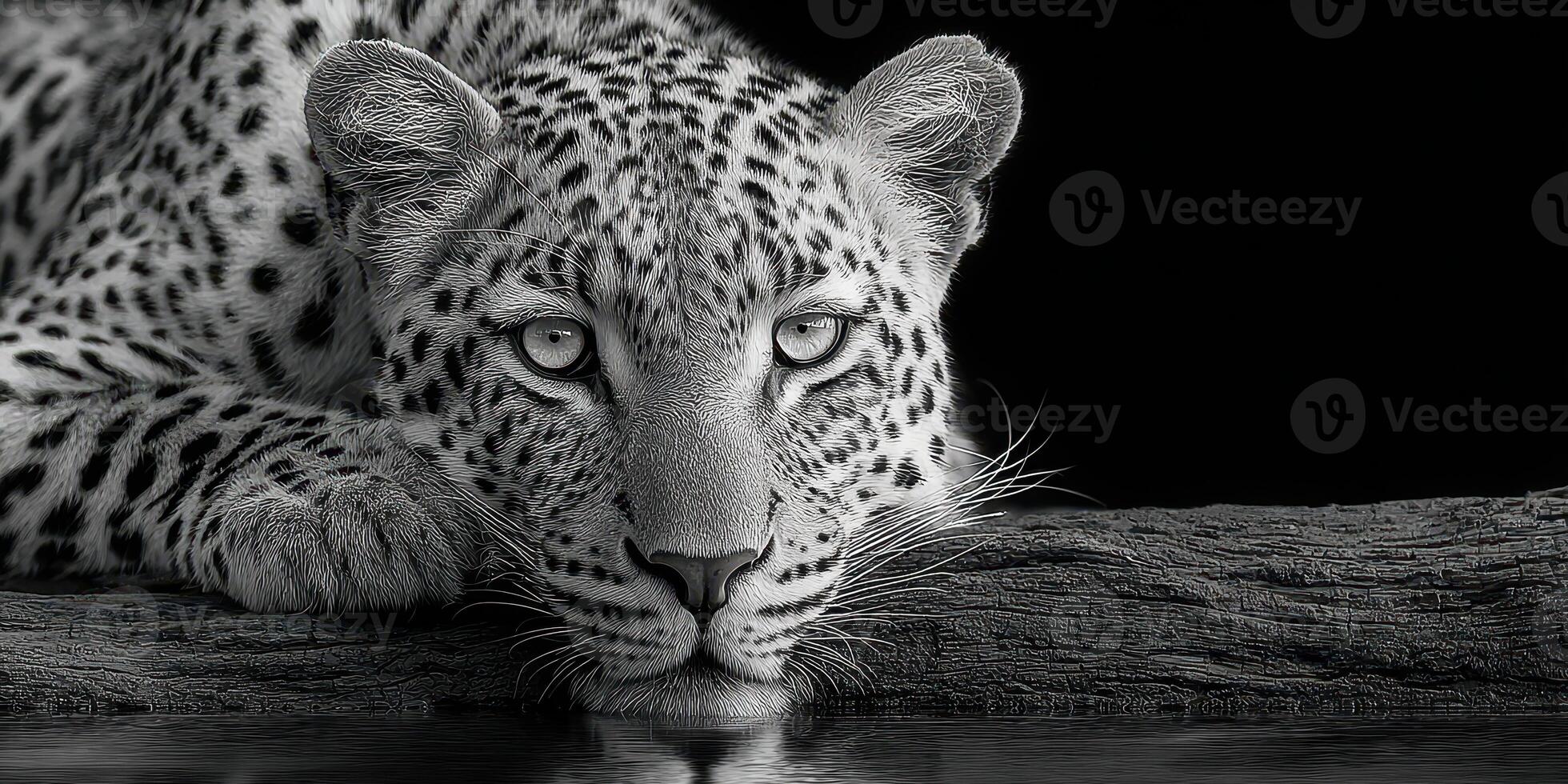 Majestic leopard resting near calm water in black and white, showcasing stunning patterns and intense gaze photo