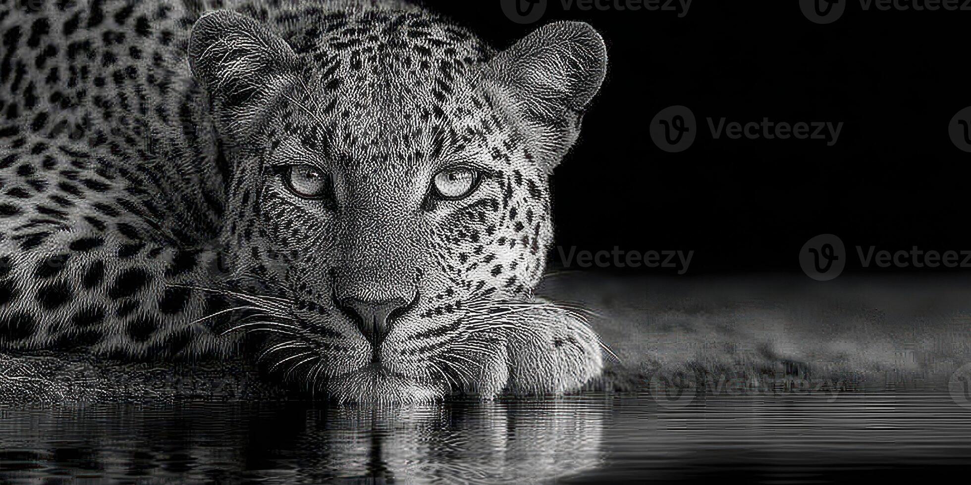 Majestic leopard resting by a tranquil water body in the wild at dusk photo