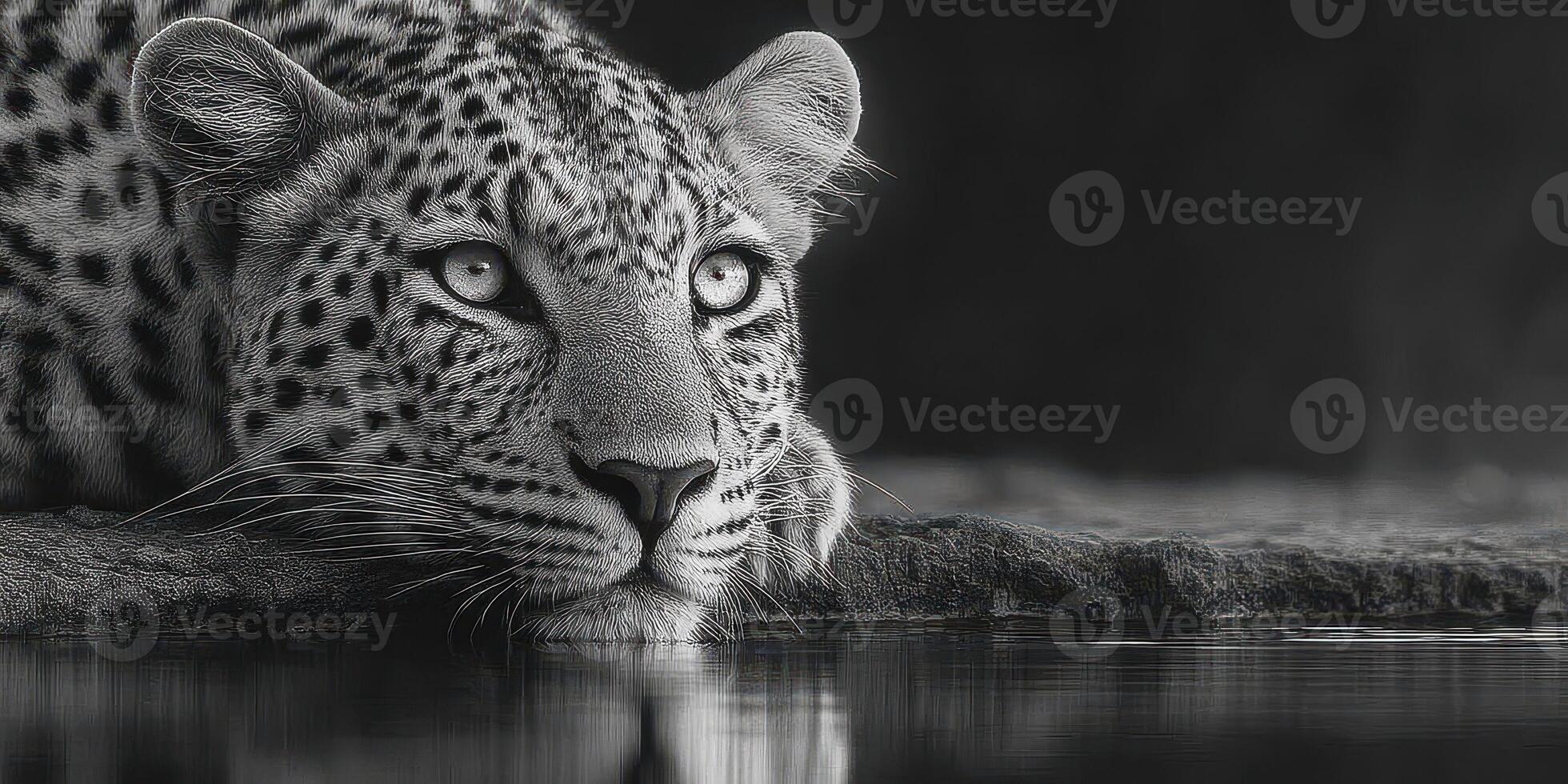 Close-up of a leopard resting near water in the wild during golden hour, showcasing its striking beauty and unique spotted fur photo