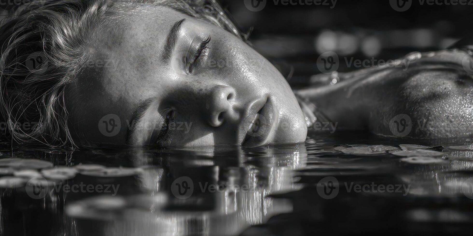 Serene moment of a woman floating on water at dusk in a peaceful natural setting photo