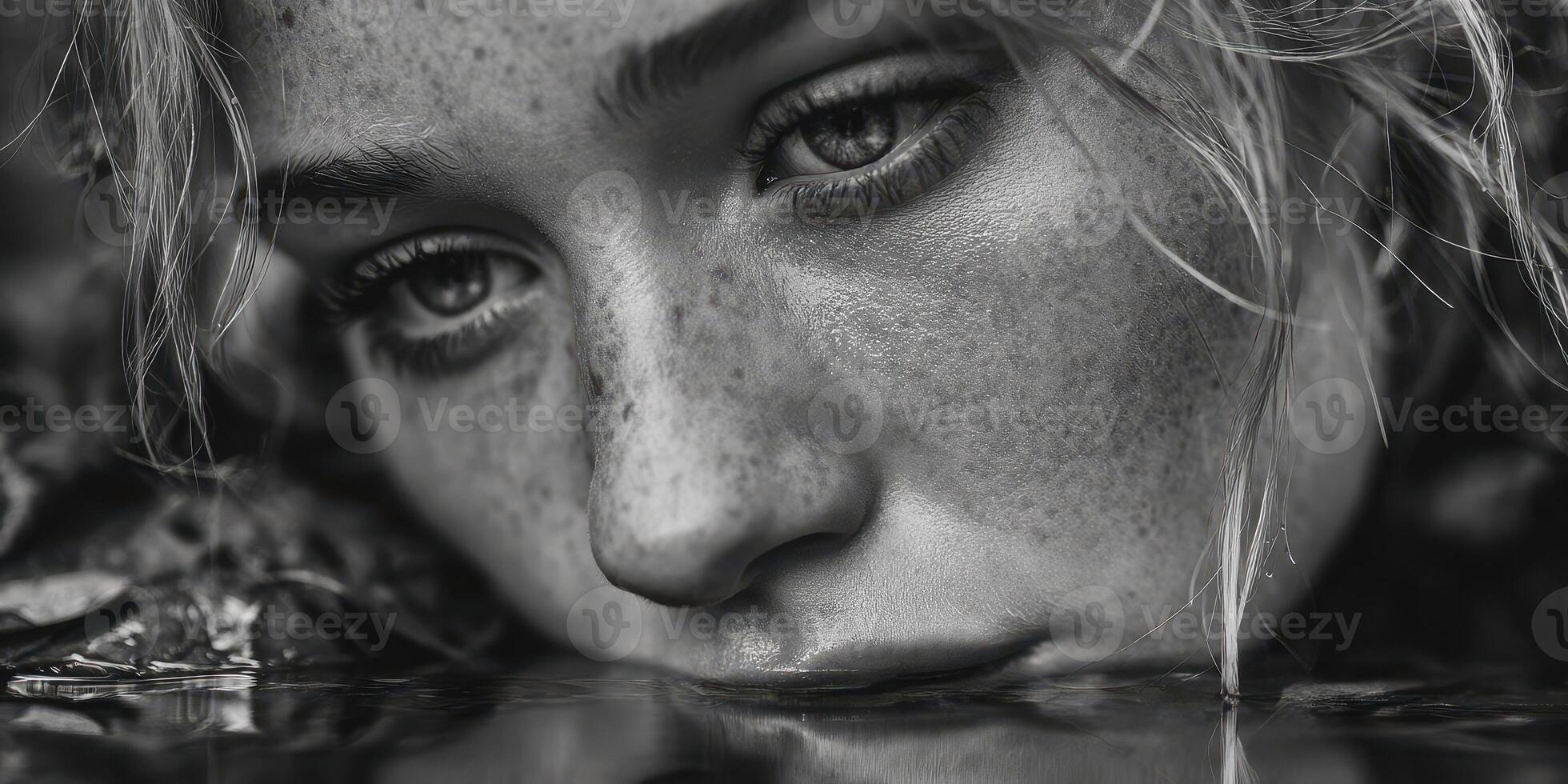 Close up of a young woman with freckles gazing at her reflection in a calm water surface surrounded by nature in black and white photo
