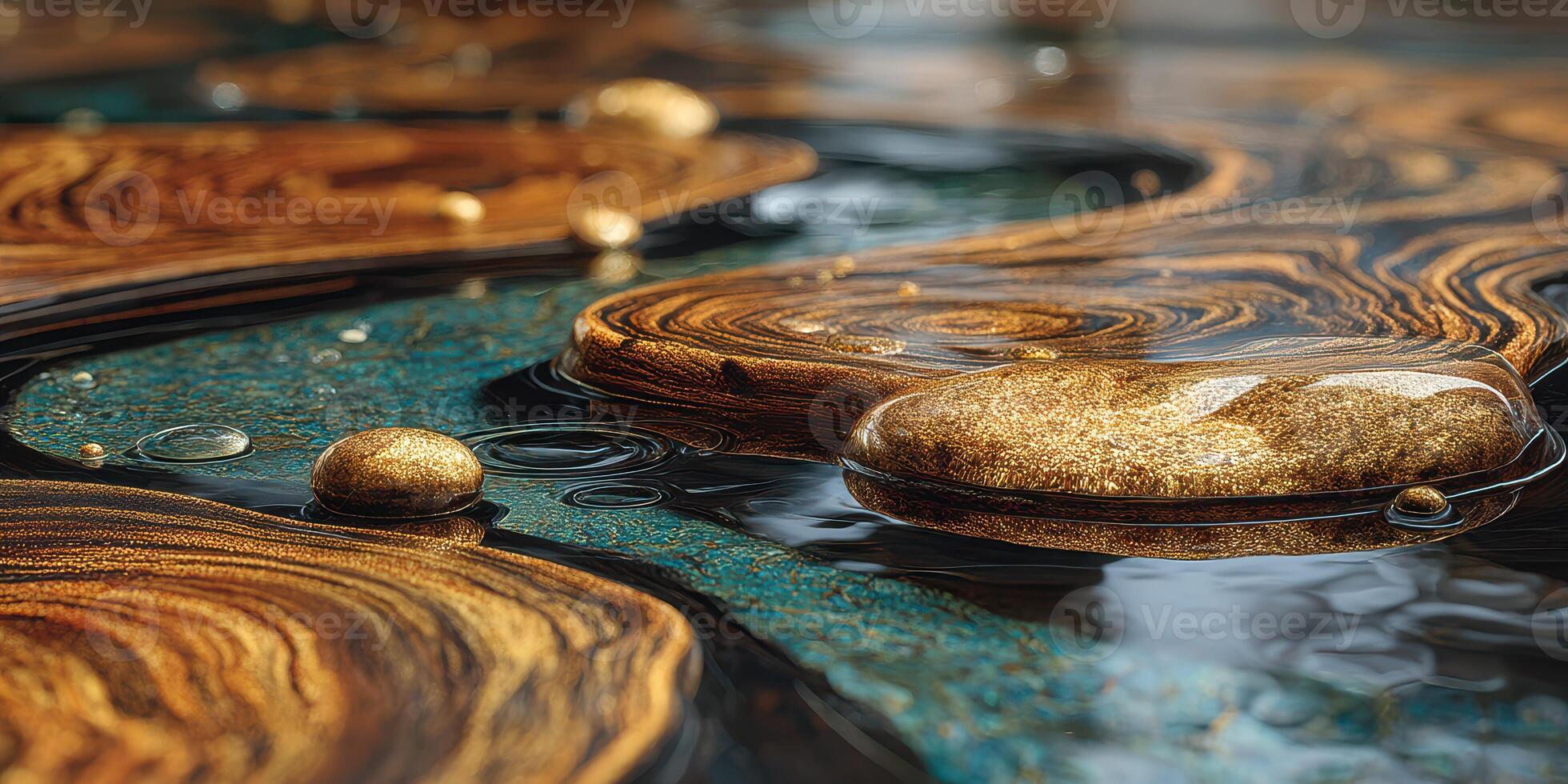 Swirls of gold and blue create a mesmerizing pattern on the surface of water in a tranquil setting photo