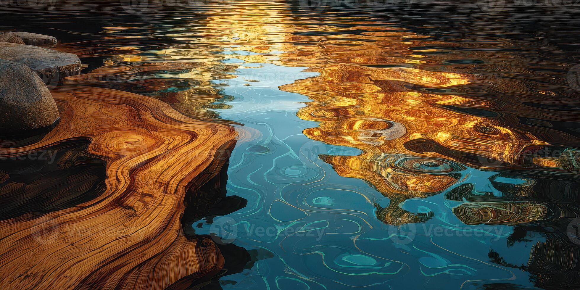 Reflections of golden sunlight on calm water with intricate wood patterns at a tranquil lakeside photo