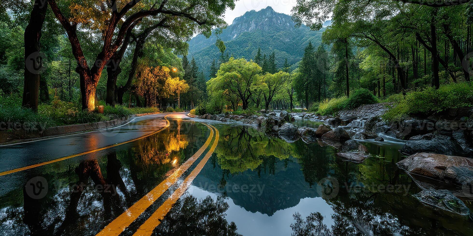 Scenic wet road reflecting trees and mountains during twilight in a peaceful valley photo