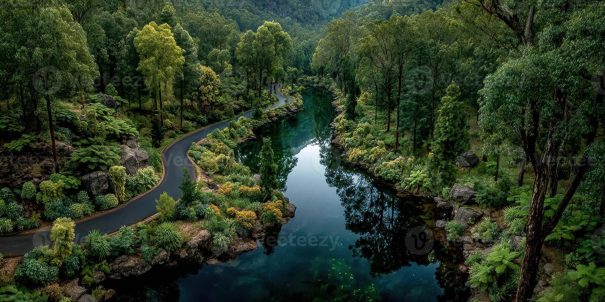 Serene river winding through lush greenery in a tranquil forest setting during a sunny day photo