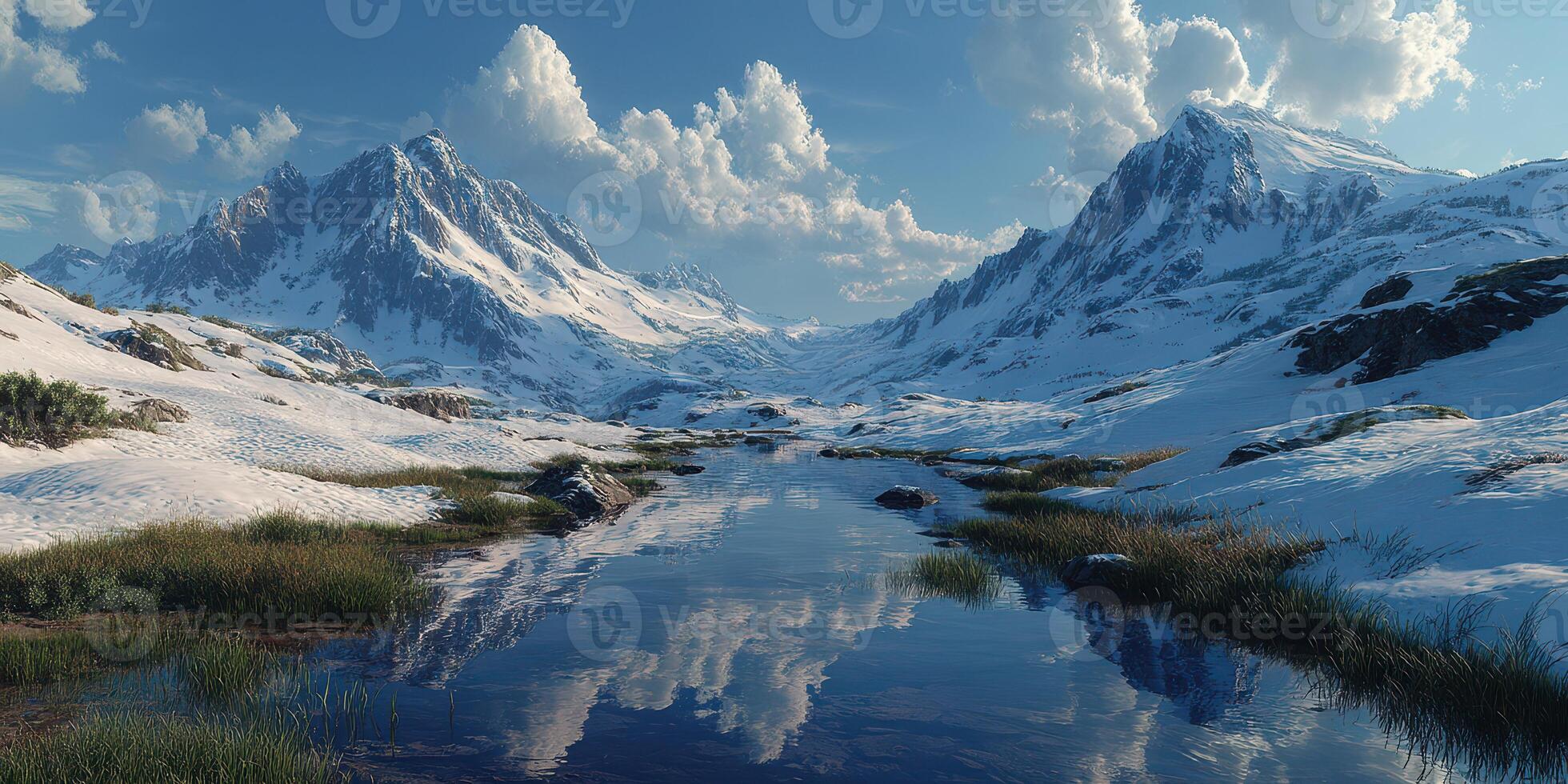 Majestic snow-capped mountains reflect in a tranquil river under a bright sky in a serene winter landscape photo