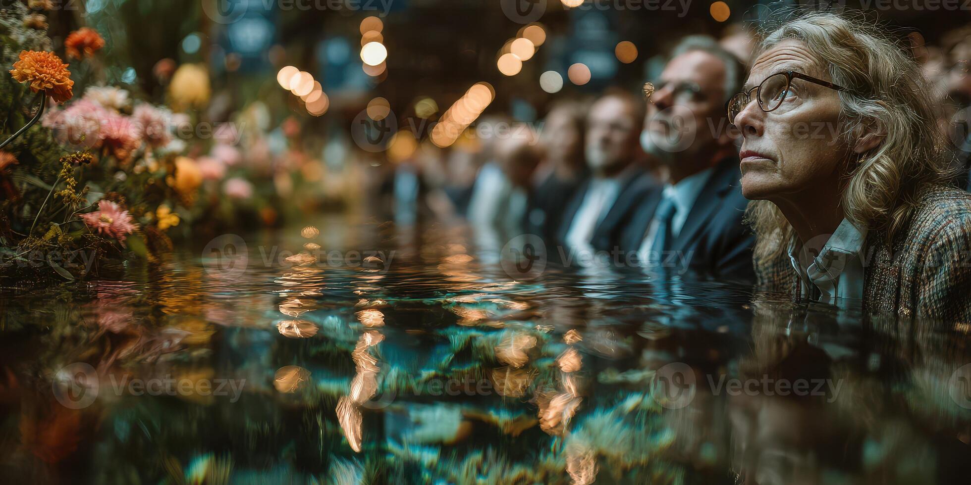 Attendees observing a tranquil water installation during an art event at a gallery in a vibrant urban setting photo