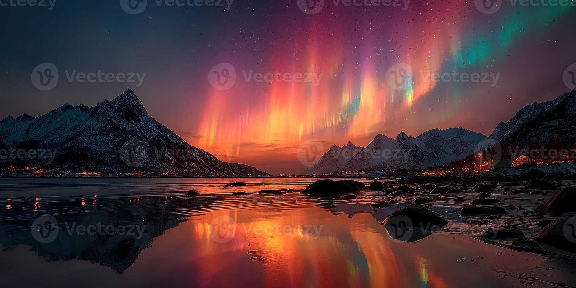 Bright aurora borealis lights up the snowy mountains and calm waters in Norway during the evening hours photo