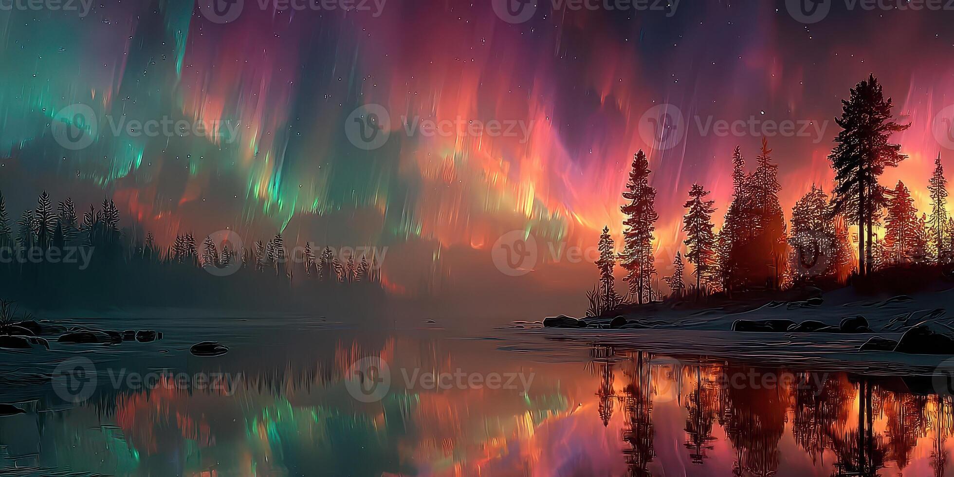 Breathtaking aurora borealis illuminating a tranquil lake at dusk with reflections in calm waters photo